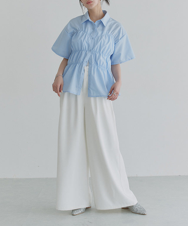 クラム ECLAM ウエストシャーリングデザインブラウス (ブルー) ブルー