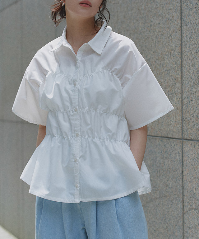 クラム ECLAM ウエストシャーリングデザインブラウス (ブルー) ブルー