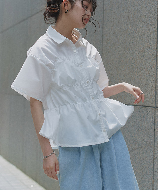 クラム ECLAM ウエストシャーリングデザインブラウス (ブルー) ブルー