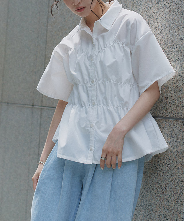 クラム ECLAM ウエストシャーリングデザインブラウス (ブルー) ブルー