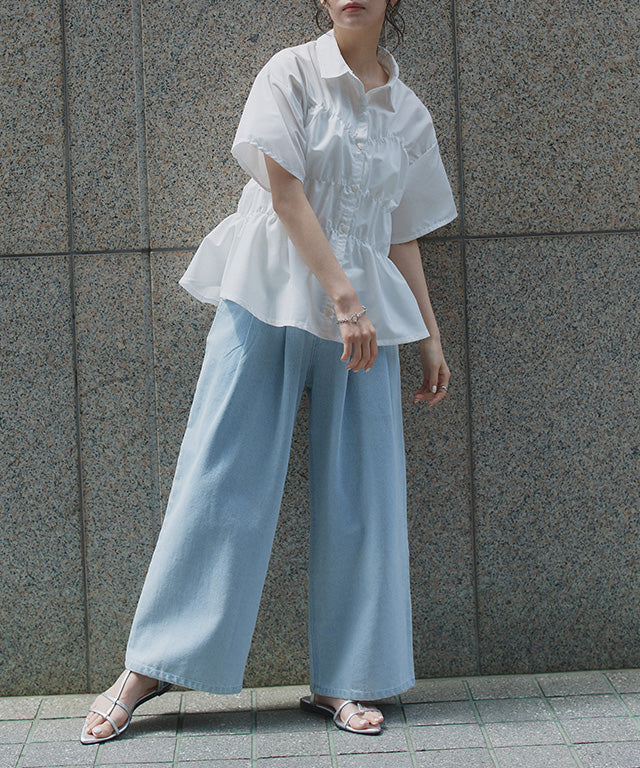 クラム ECLAM ウエストシャーリングデザインブラウス (ブルー) ブルー