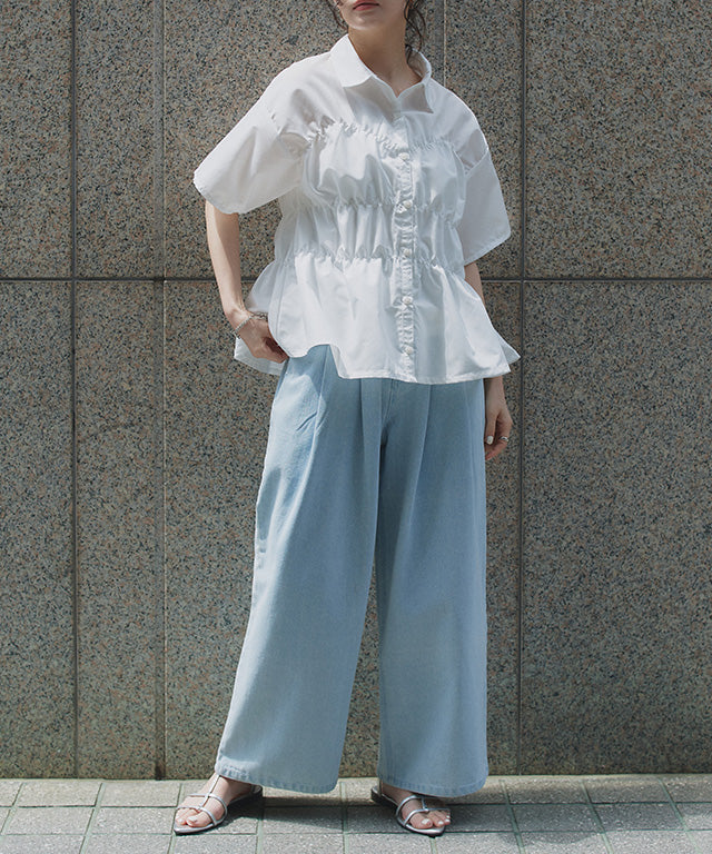 クラム ECLAM ウエストシャーリングデザインブラウス (ブルー) ブルー