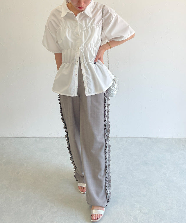 クラム ECLAM ウエストシャーリングデザインブラウス (ブルー) ブルー