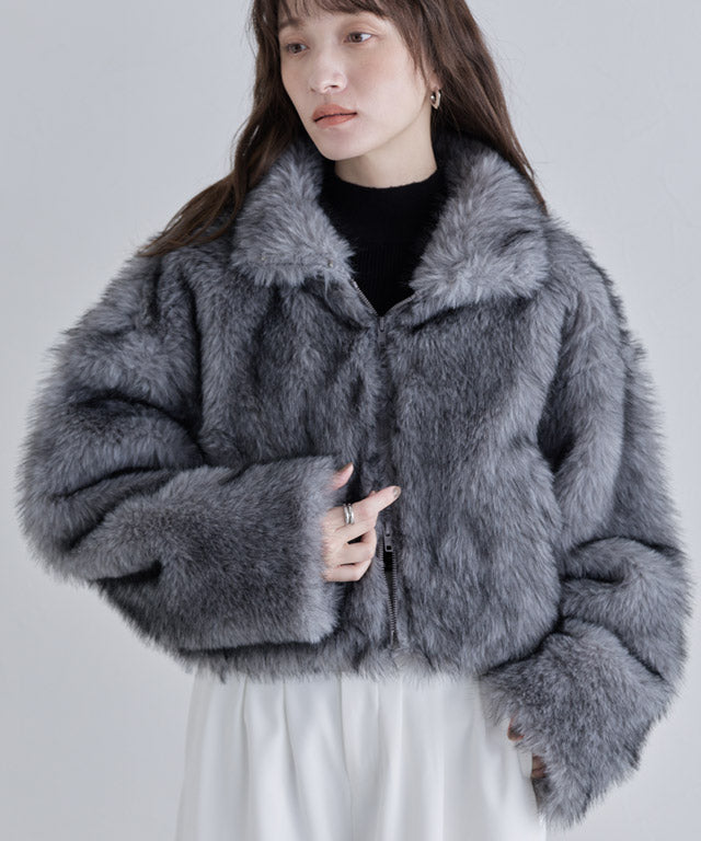 クラム ECLAM フェイクファージップアップブルゾン (グレー) グレー