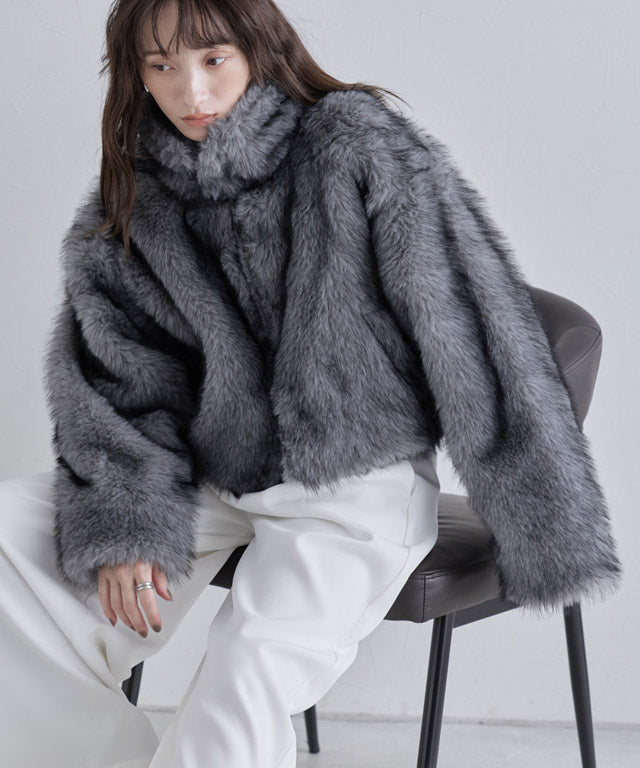 クラム ECLAM フェイクファージップアップブルゾン (グレー) グレー