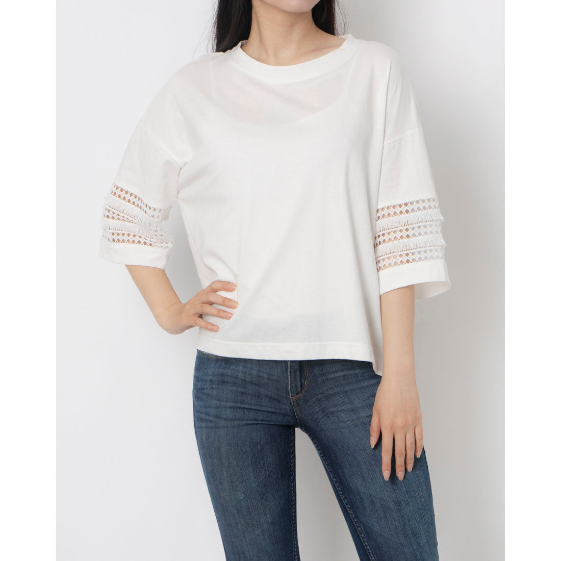 エグランティーヌ EGLANTINE 袖フリンジレース5分袖カットソー (オフホワイト) オフホワイト