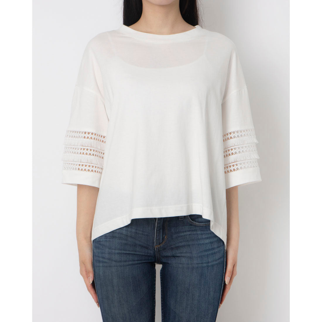 エグランティーヌ EGLANTINE 袖フリンジレース5分袖カットソー (オフホワイト) オフホワイト