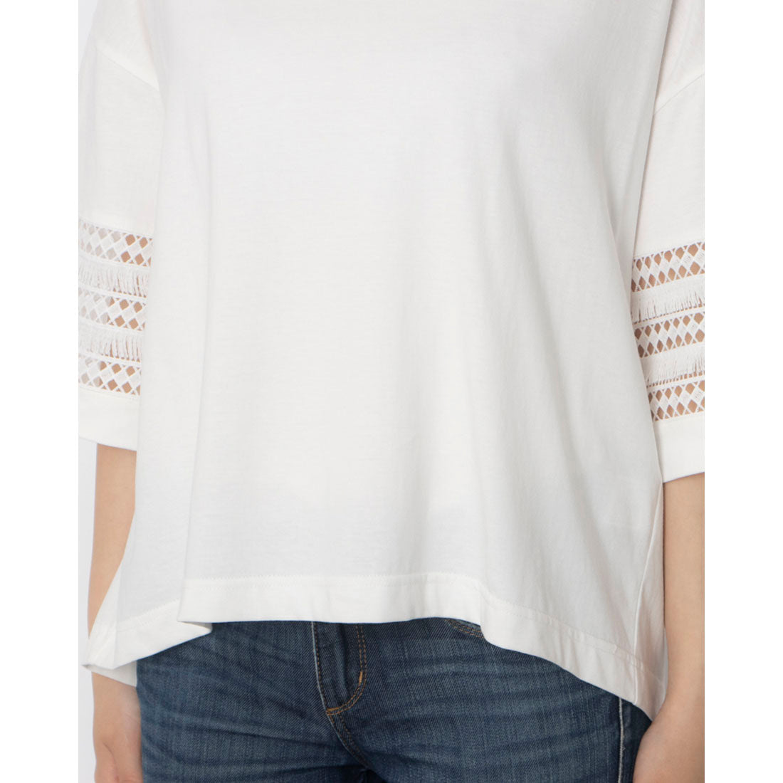 エグランティーヌ EGLANTINE 袖フリンジレース5分袖カットソー (オフホワイト) オフホワイト