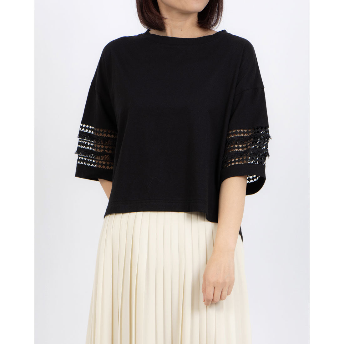 エグランティーヌ EGLANTINE 袖フリンジレース5分袖カットソー (ブラック) ブラック