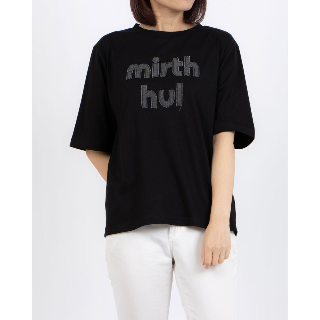 エグランティーヌ EGLANTINE デニム加工ロゴ 半袖カットソー (ブラック) ブラック