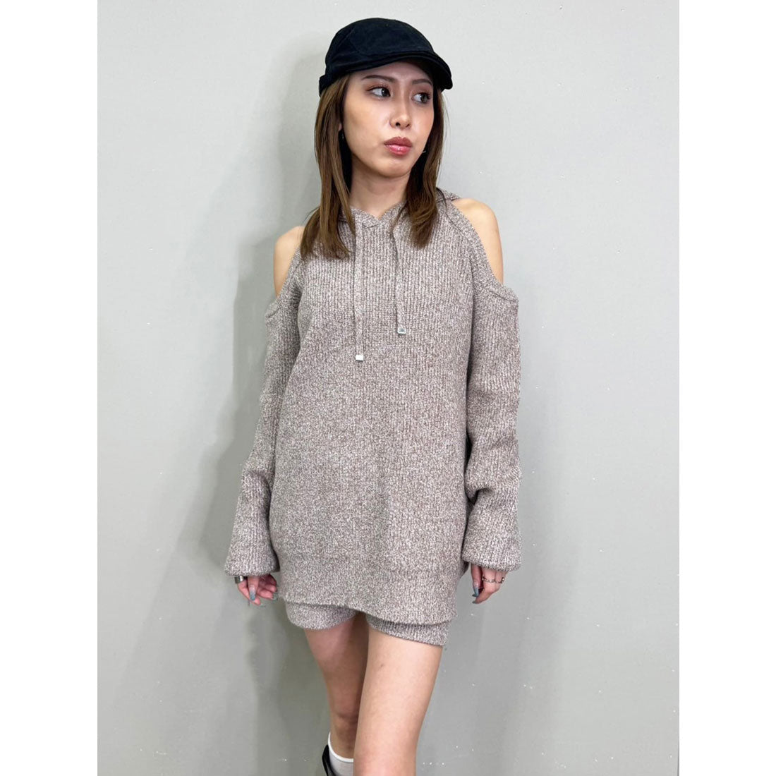 エゴイスト EGOIST 肩あきフードMIX二ットトップ (BEIGE) BEIGE