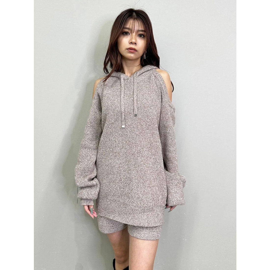 エゴイスト EGOIST 肩あきフードMIX二ットトップ (BEIGE) BEIGE