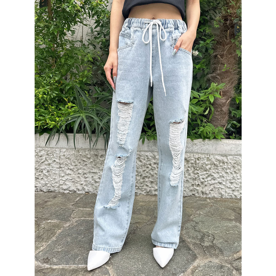 Baggy Pants Distressed Jeans With Elastic Waist EGOIST EGOIST
