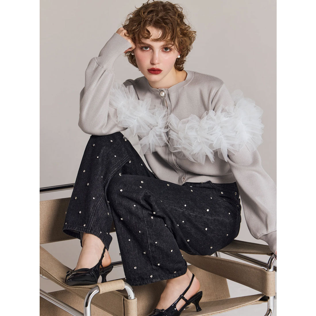 エイミーイストワール eimy istoire チュールフリルニットカーディガン,SAX