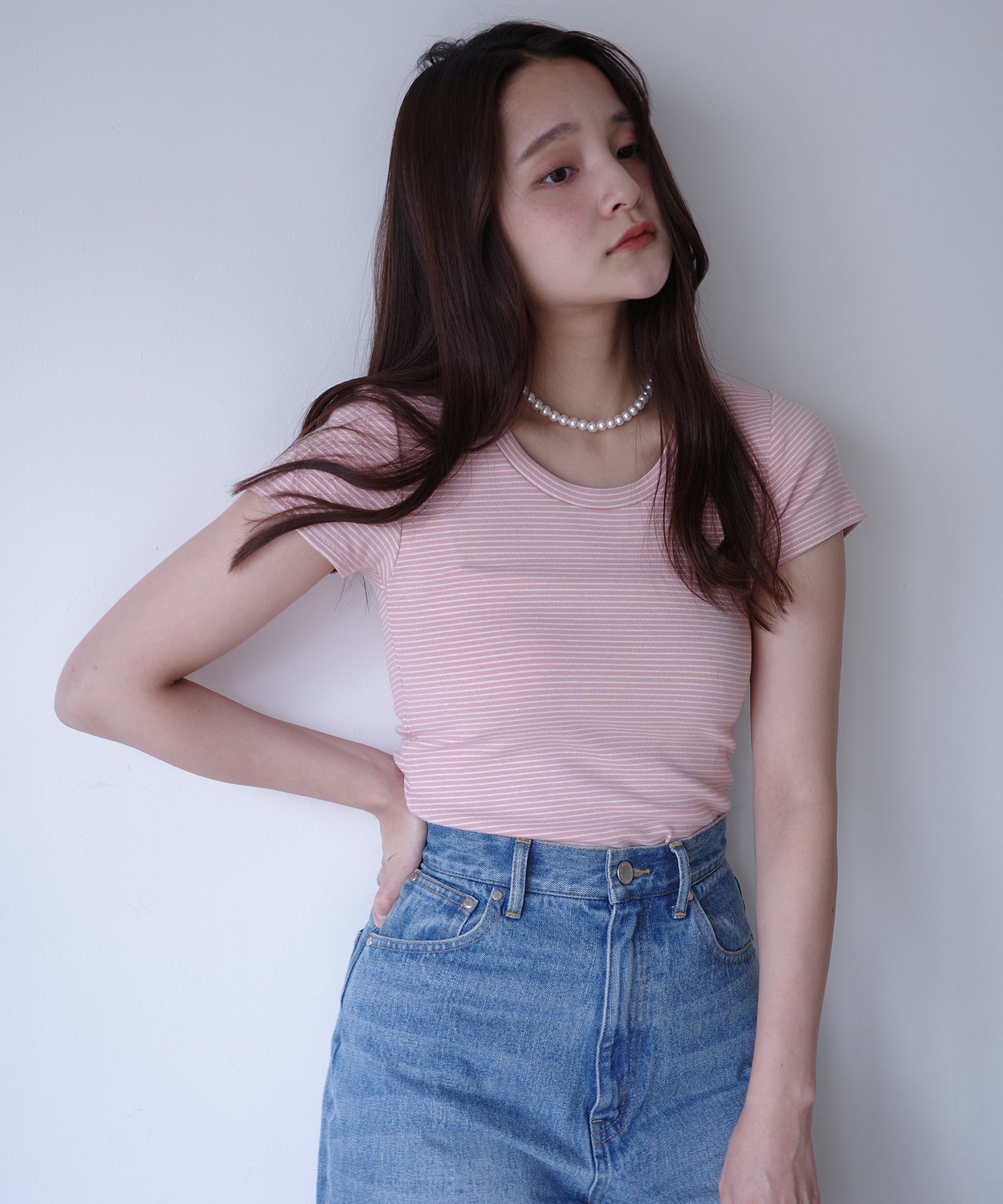 エイミーイストワール eimy istoire ボーダーリブTシャツ (PINK) PINK