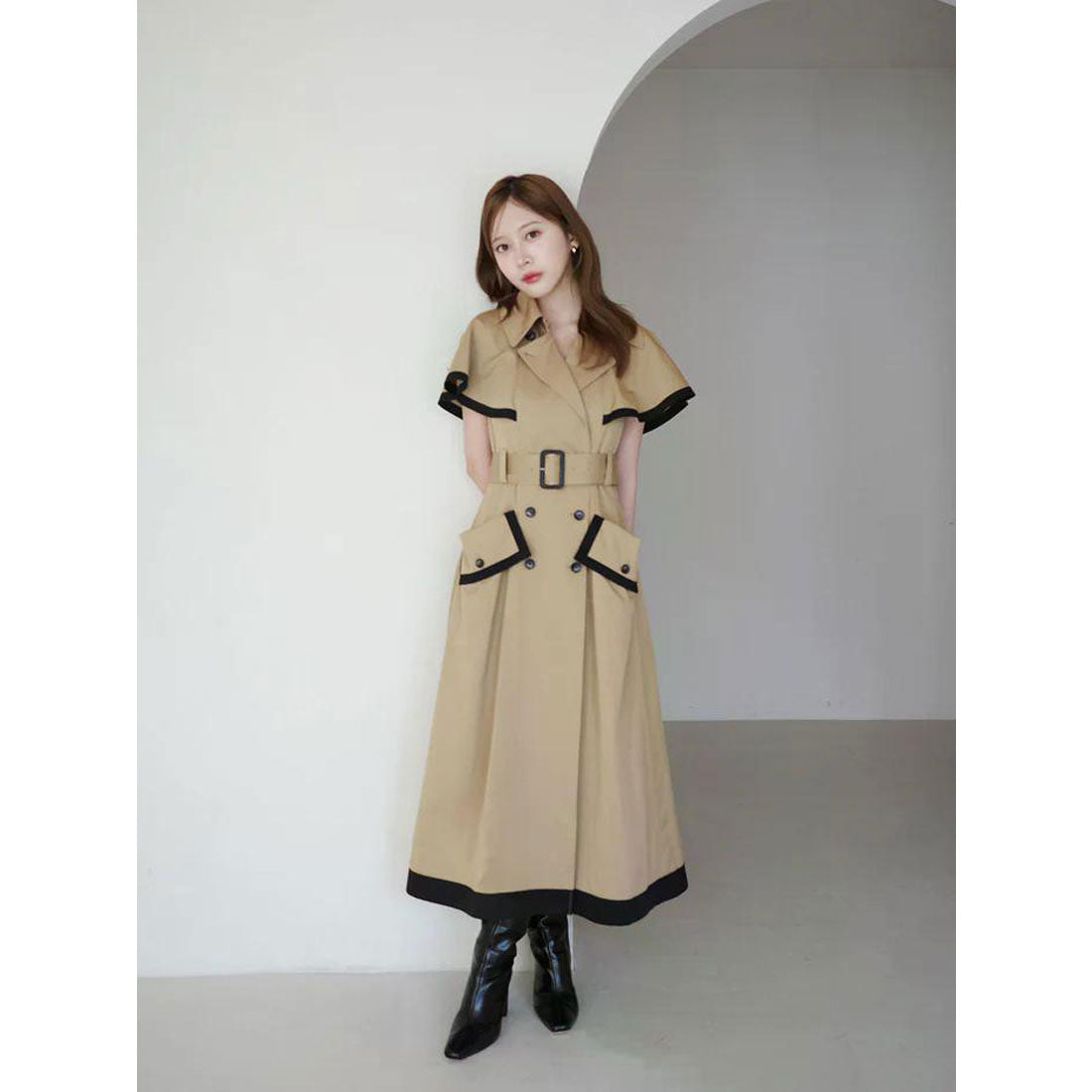 エイミーイストワール EIMY ISTOIRE コントラストトリムトレンチワンピース (BEIGE) BEIGE