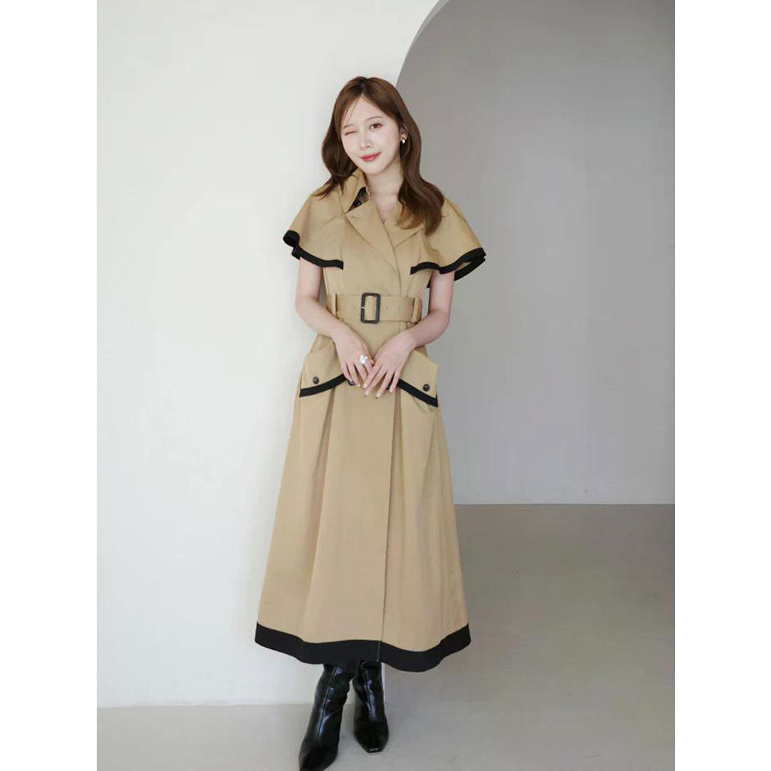 エイミーイストワール EIMY ISTOIRE コントラストトリムトレンチワンピース (BEIGE) BEIGE