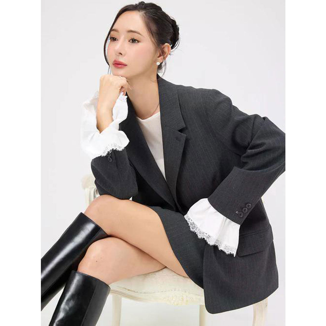 エイミーイストワール EIMY ISTOIRE レーストリムカフステーラリングジャケット (NAVY) NAVY