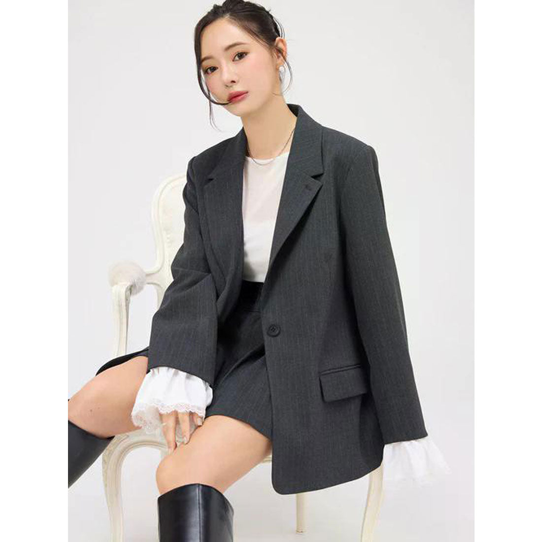 エイミーイストワール EIMY ISTOIRE レーストリムカフステーラリングジャケット (GREY) GREY