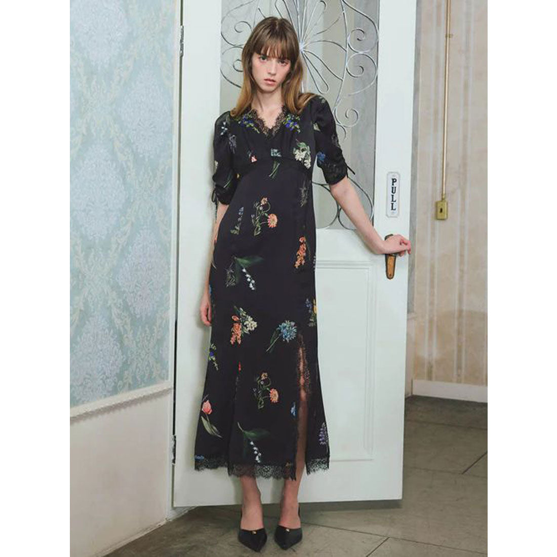 エイミーイストワール EIMY ISTOIRE レーストリムフラワーサテンワンピース (IVORY) IVORY