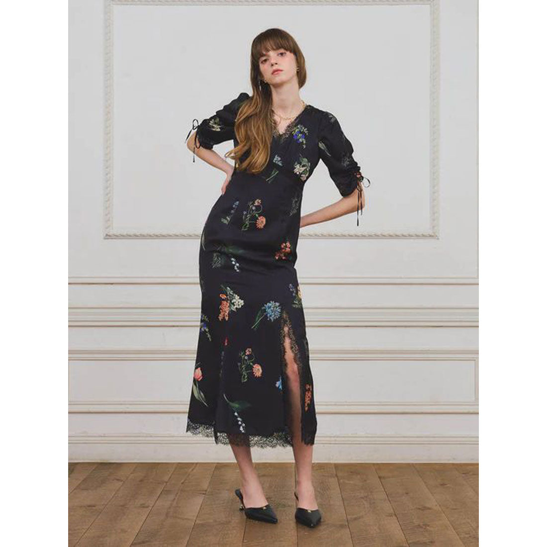 エイミーイストワール EIMY ISTOIRE レーストリムフラワーサテンワンピース (IVORY) IVORY