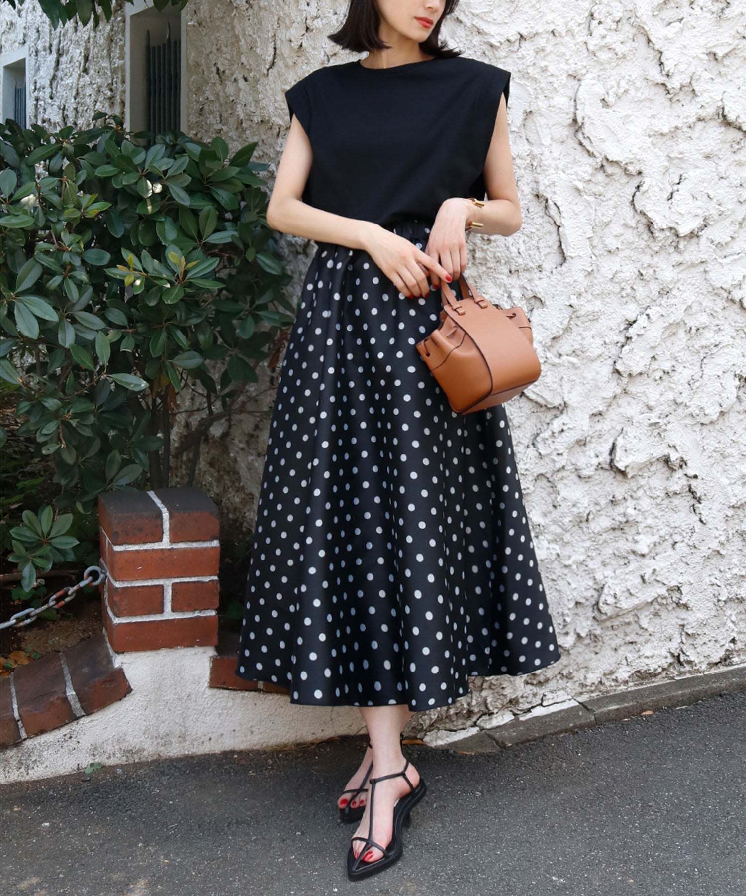 エルフランク ELFRANK ドットジャガードフレアミモレ丈スカート (ブラック) ブラック