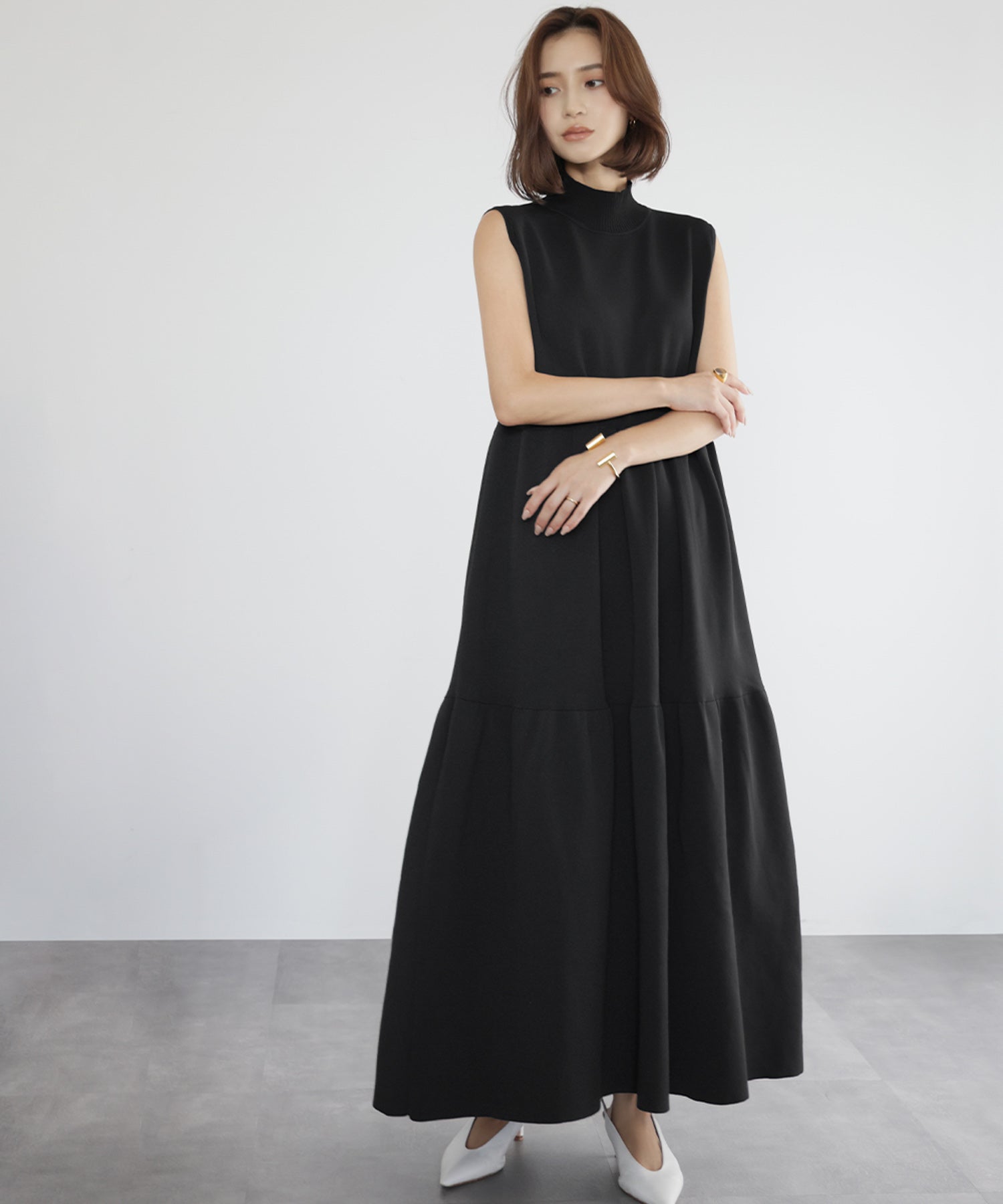 エルフランク ELFRANK ハイネックニットティアードロングワンピース (ブラック) ブラック