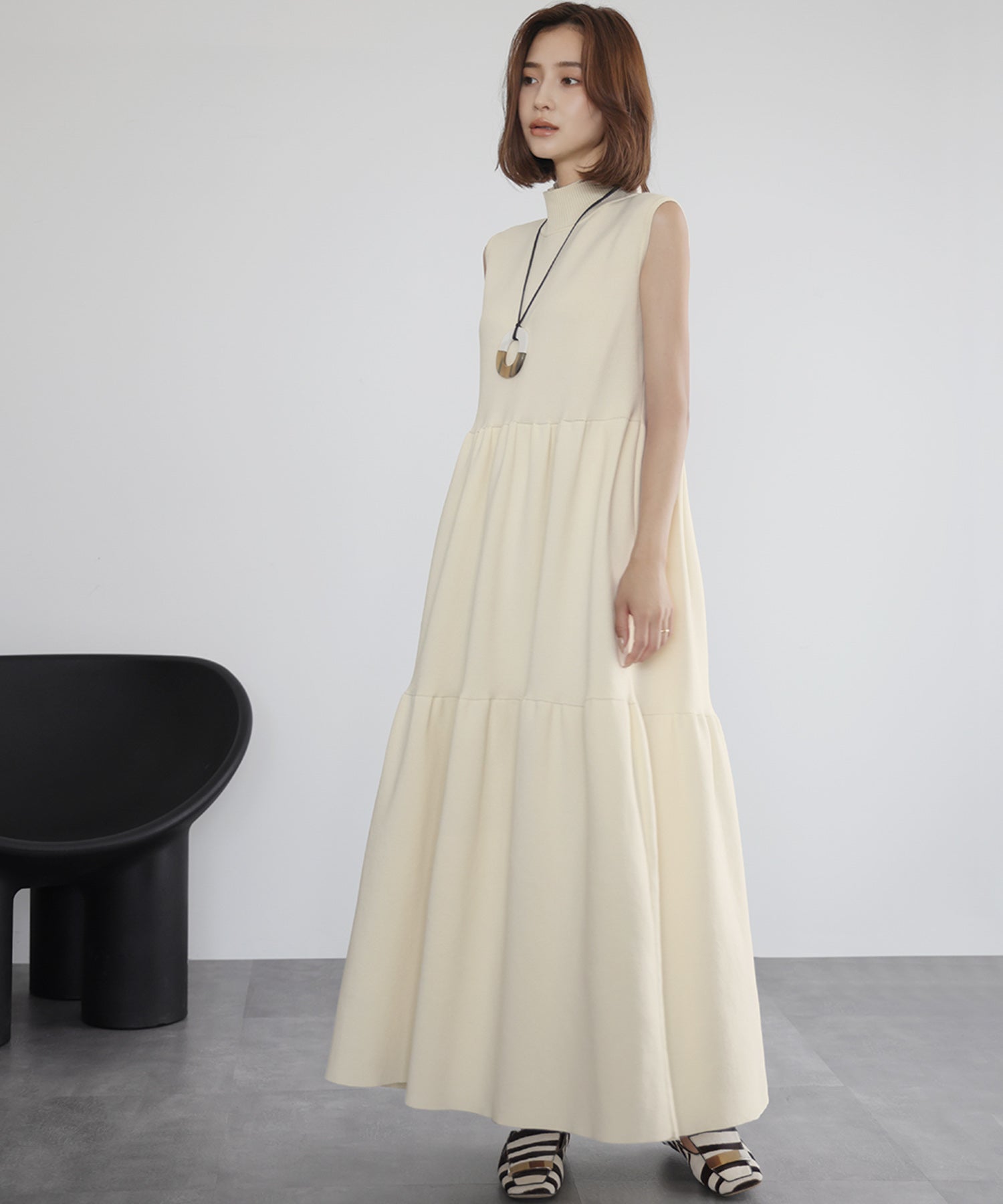 エルフランク ELFRANK ハイネックニットティアードロングワンピース,アイボリー