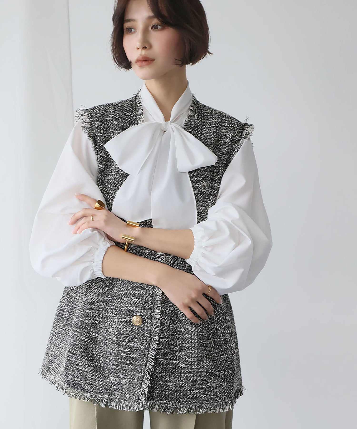 エルフランク ELFRANK ペプラムツイードフリンジベスト