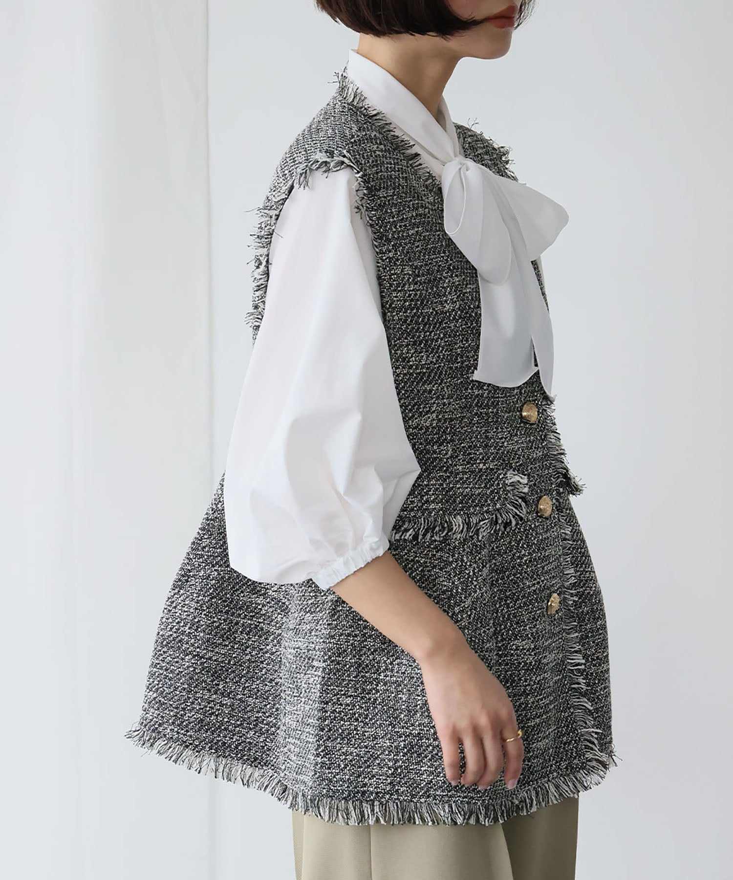 エルフランク ELFRANK ペプラムツイードフリンジベスト