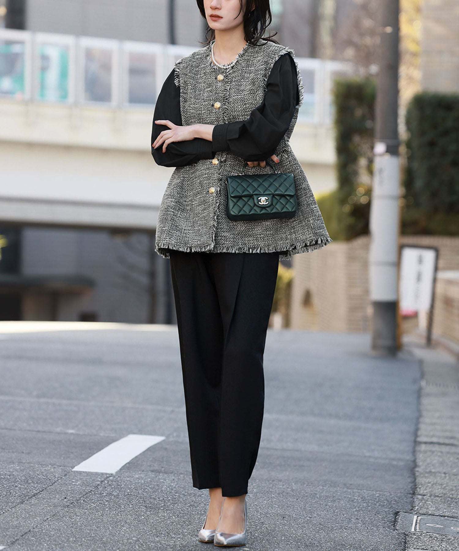 エルフランク ELFRANK ペプラムツイードフリンジベスト