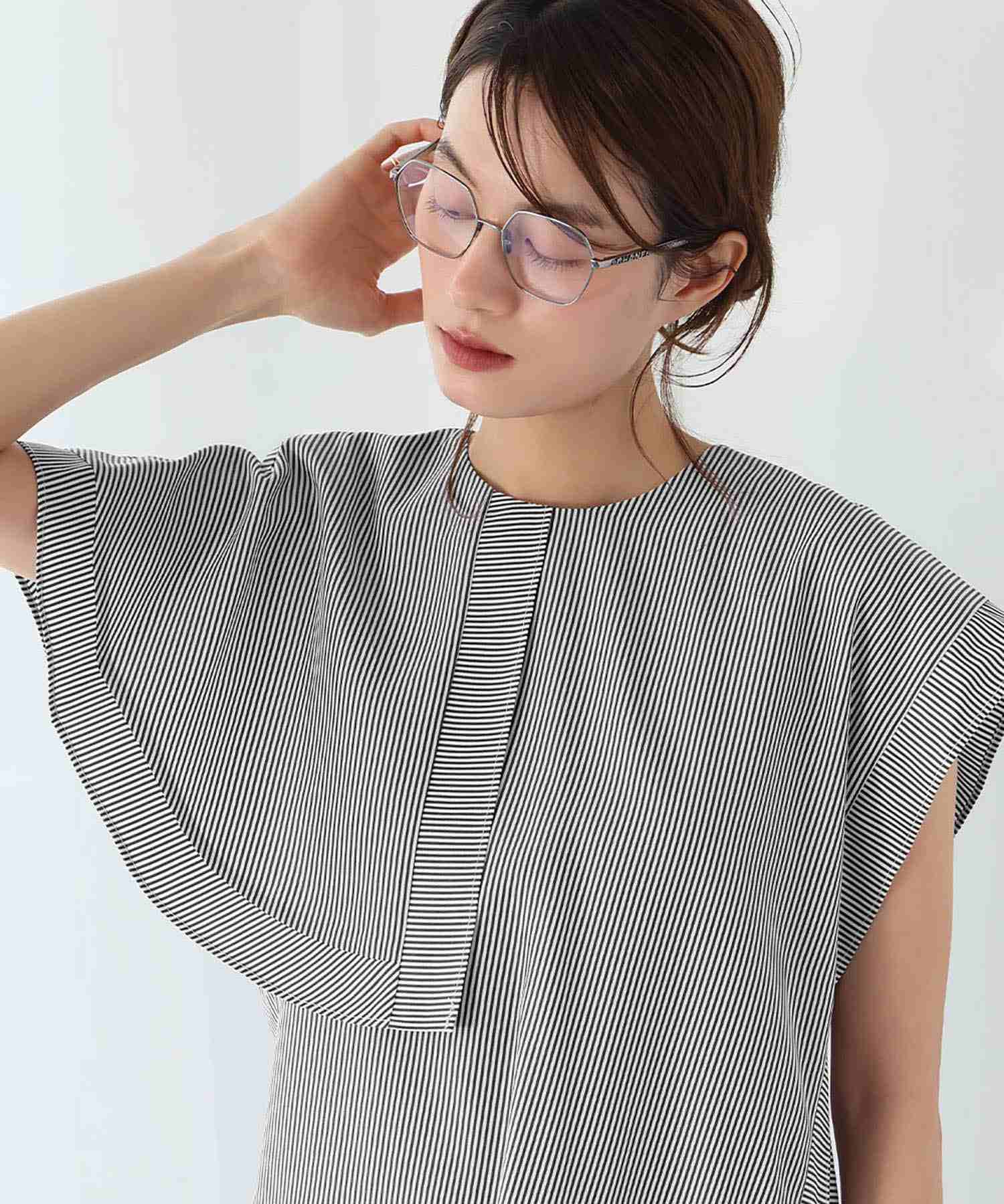 エルフランク ELFRANK ストライプアシンメトリーケープブラウス【洗える】 (ブラック) ブラック