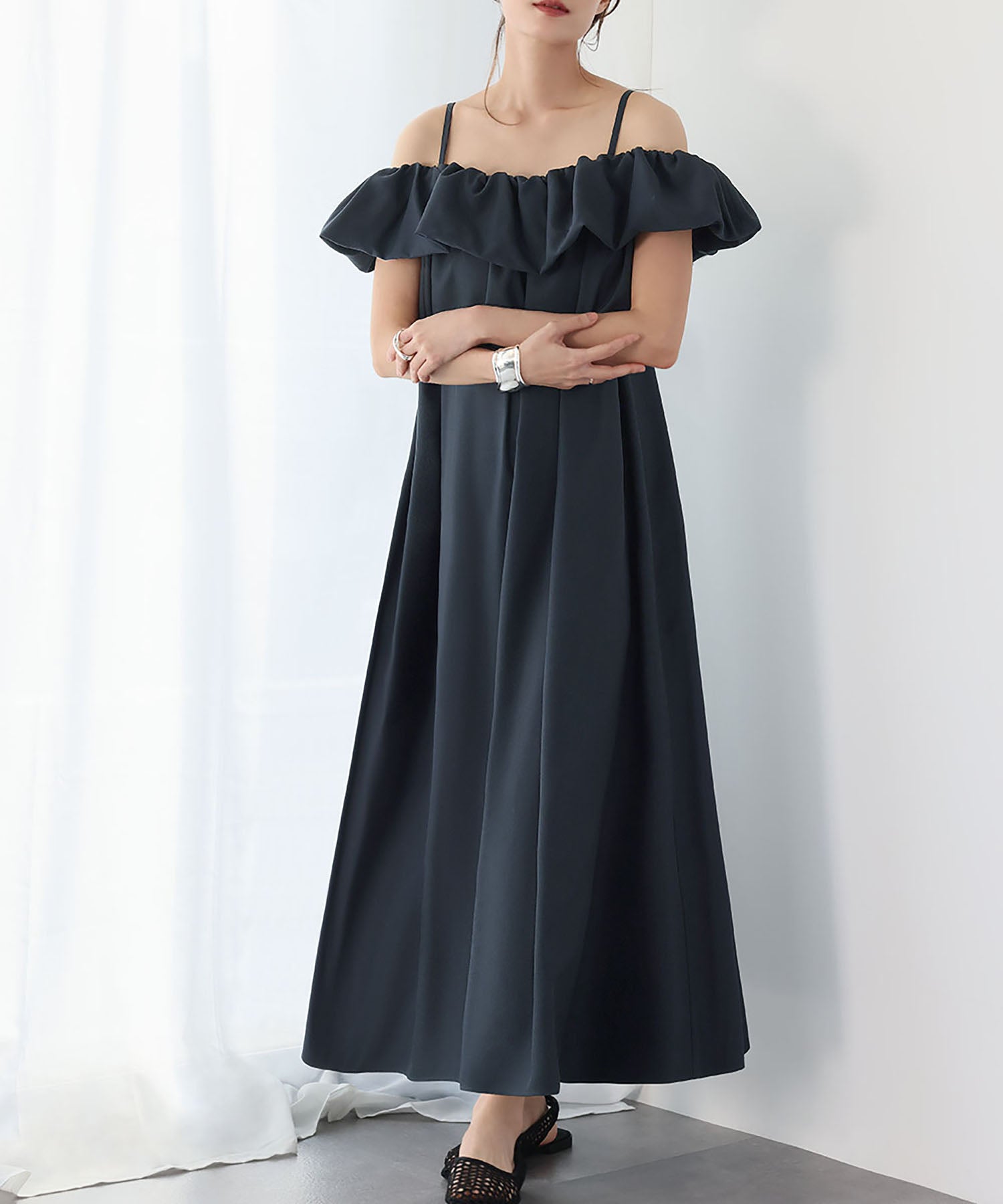 エルフランク ELFRANK 2WAYオフショルダーギャザーフリルキャミワンピース【洗える】 (ネイビー) ネイビー
