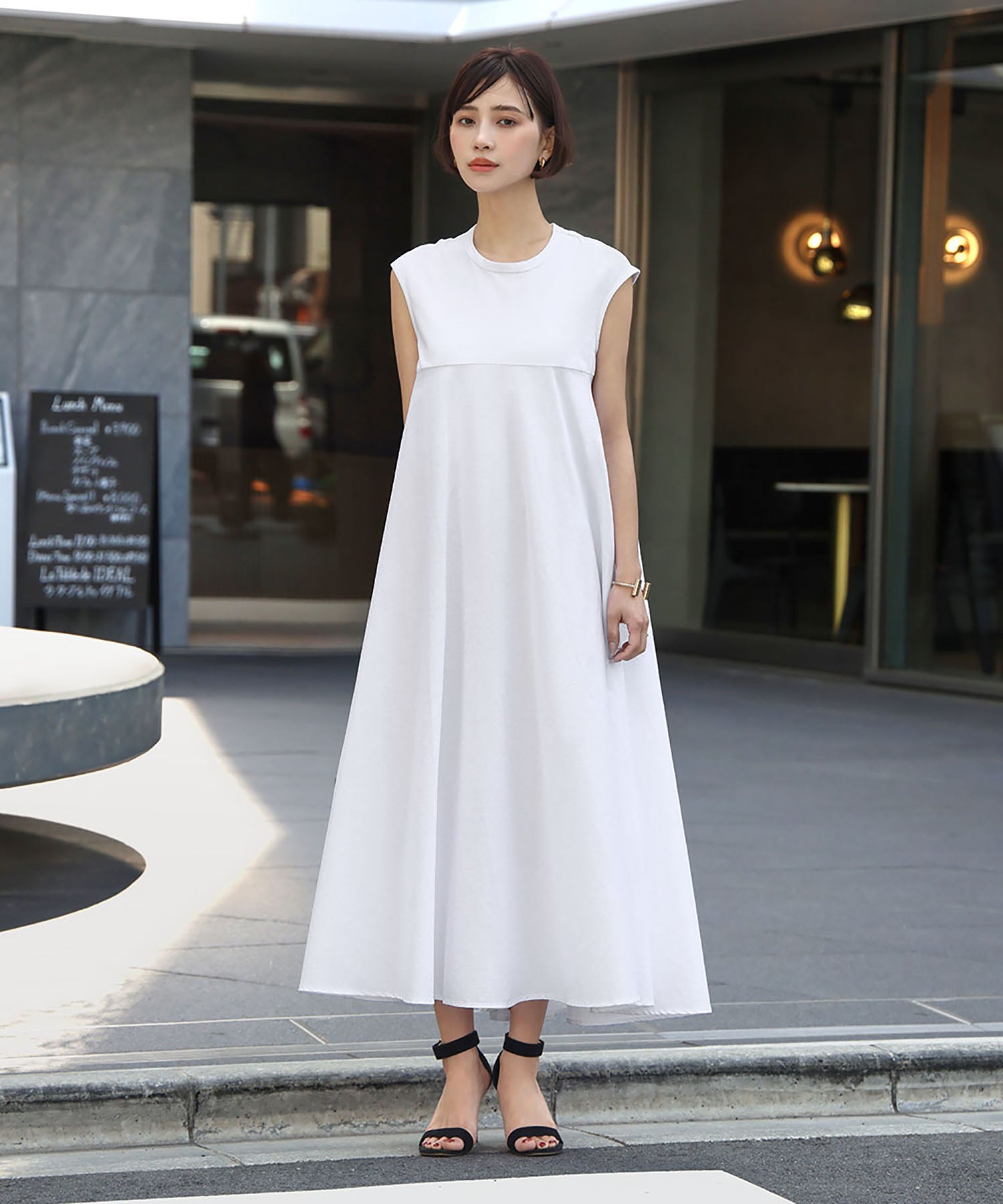 エルフランク ELFRANK 異素材ドッキングノースリーブフレアロングワンピース【洗える】 (ホワイト) ホワイト