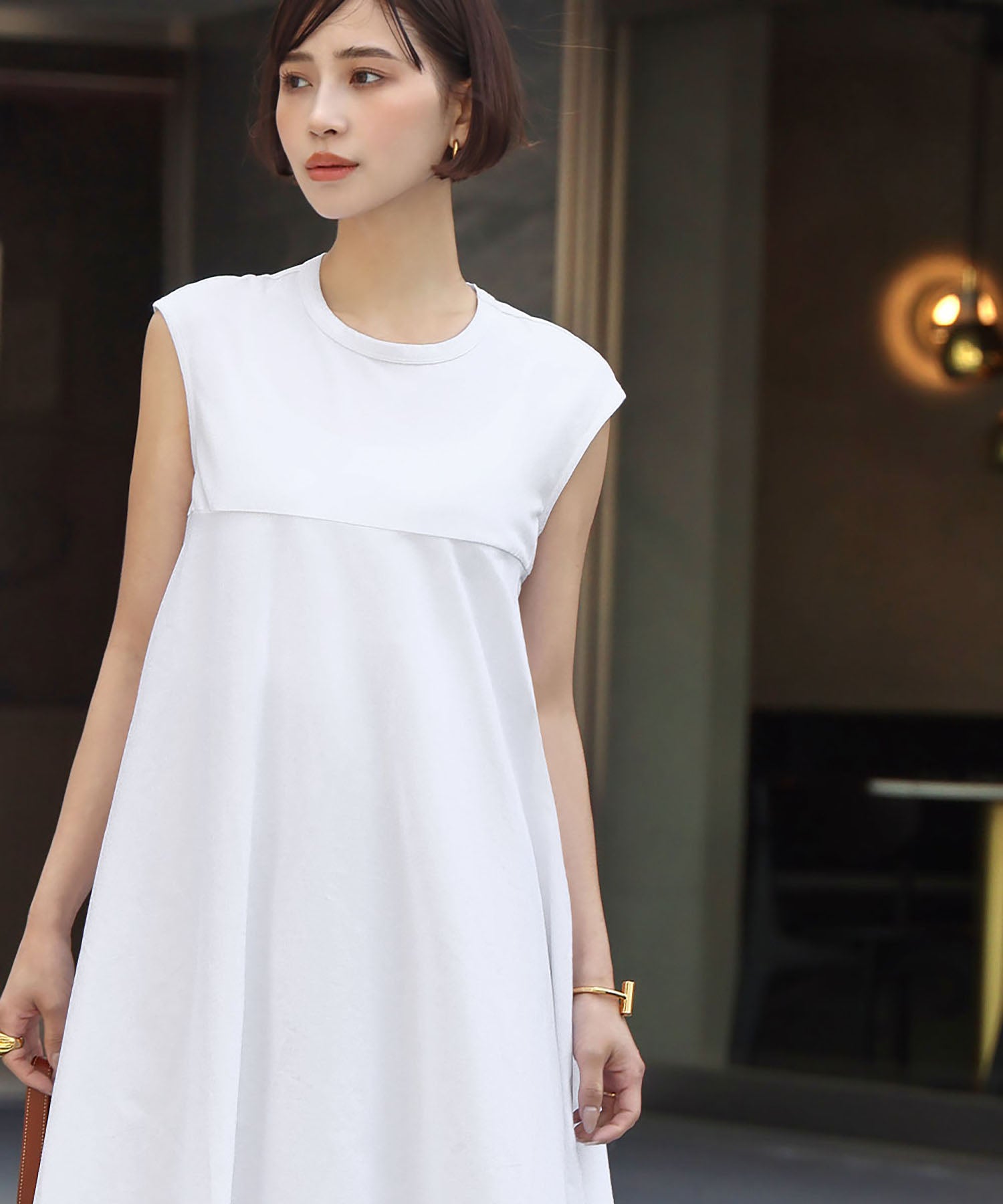 エルフランク ELFRANK 異素材ドッキングノースリーブフレアロングワンピース【洗える】 (ホワイト) ホワイト