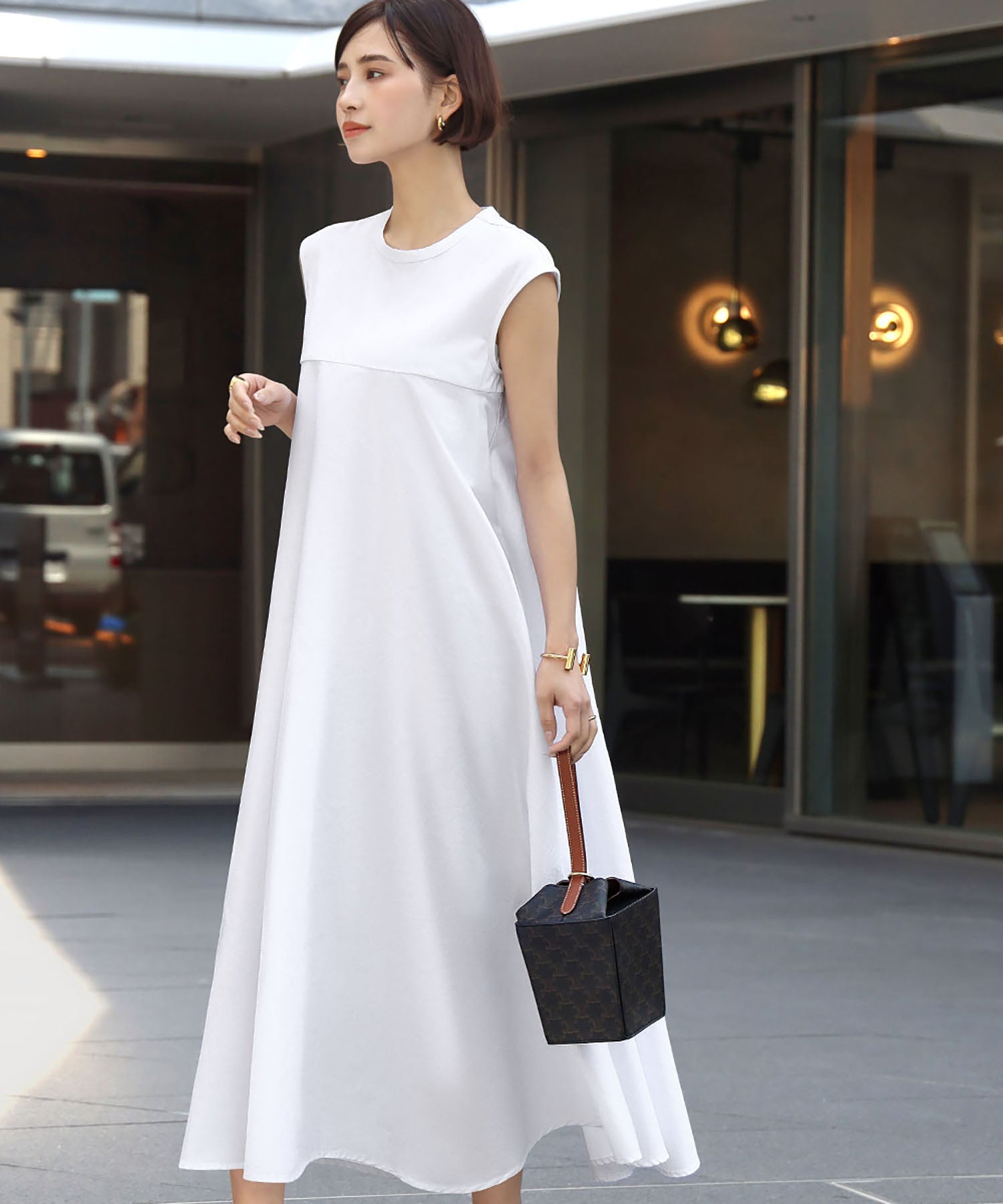 エルフランク ELFRANK 異素材ドッキングノースリーブフレアロングワンピース【洗える】 (ホワイト) ホワイト