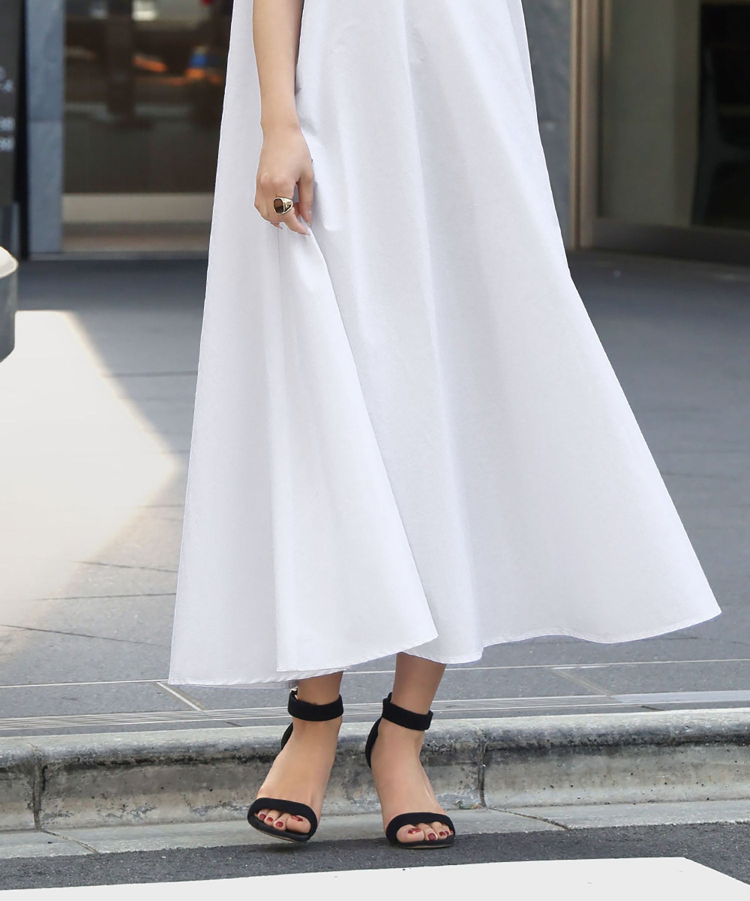 エルフランク ELFRANK 異素材ドッキングノースリーブフレアロングワンピース【洗える】 (ホワイト) ホワイト