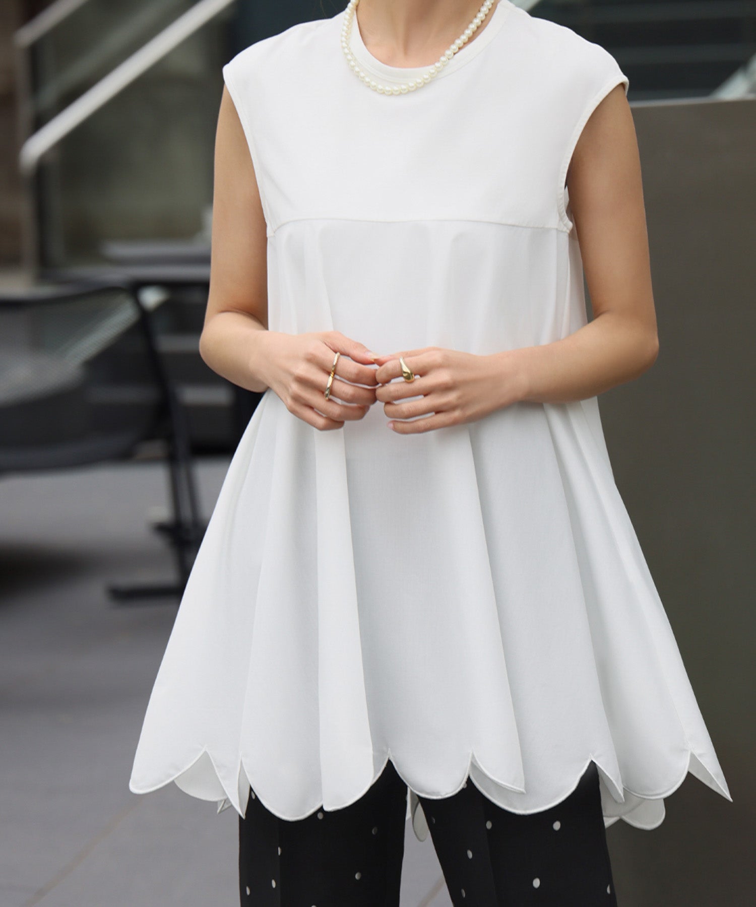 エルフランク ELFRANK 裾フレアスカラップドッキングカットソー (オフホワイト) オフホワイト