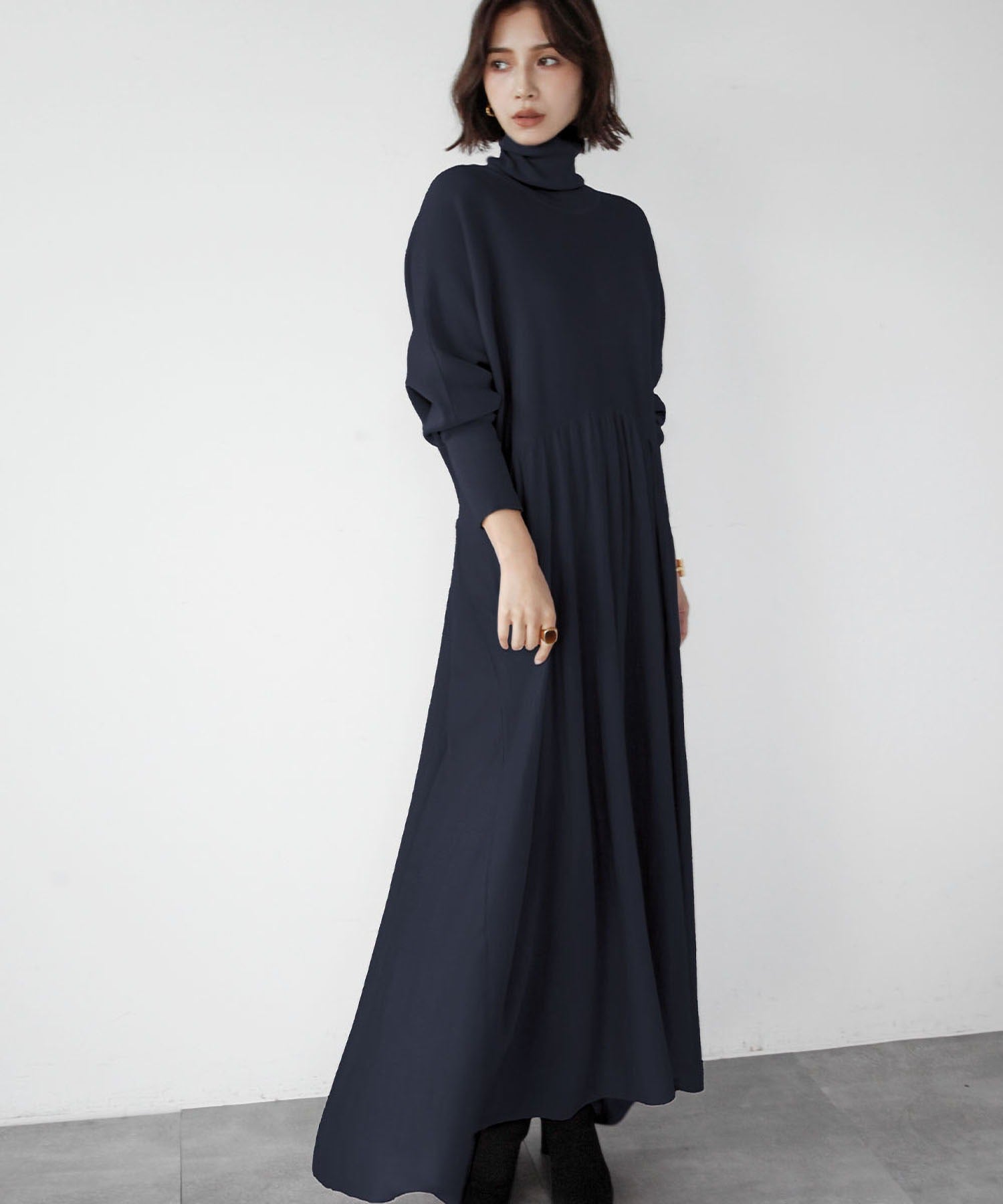 エルフランク ELFRANK タートルネック ロング ニット ワンピース(ネイビー) ネイビー