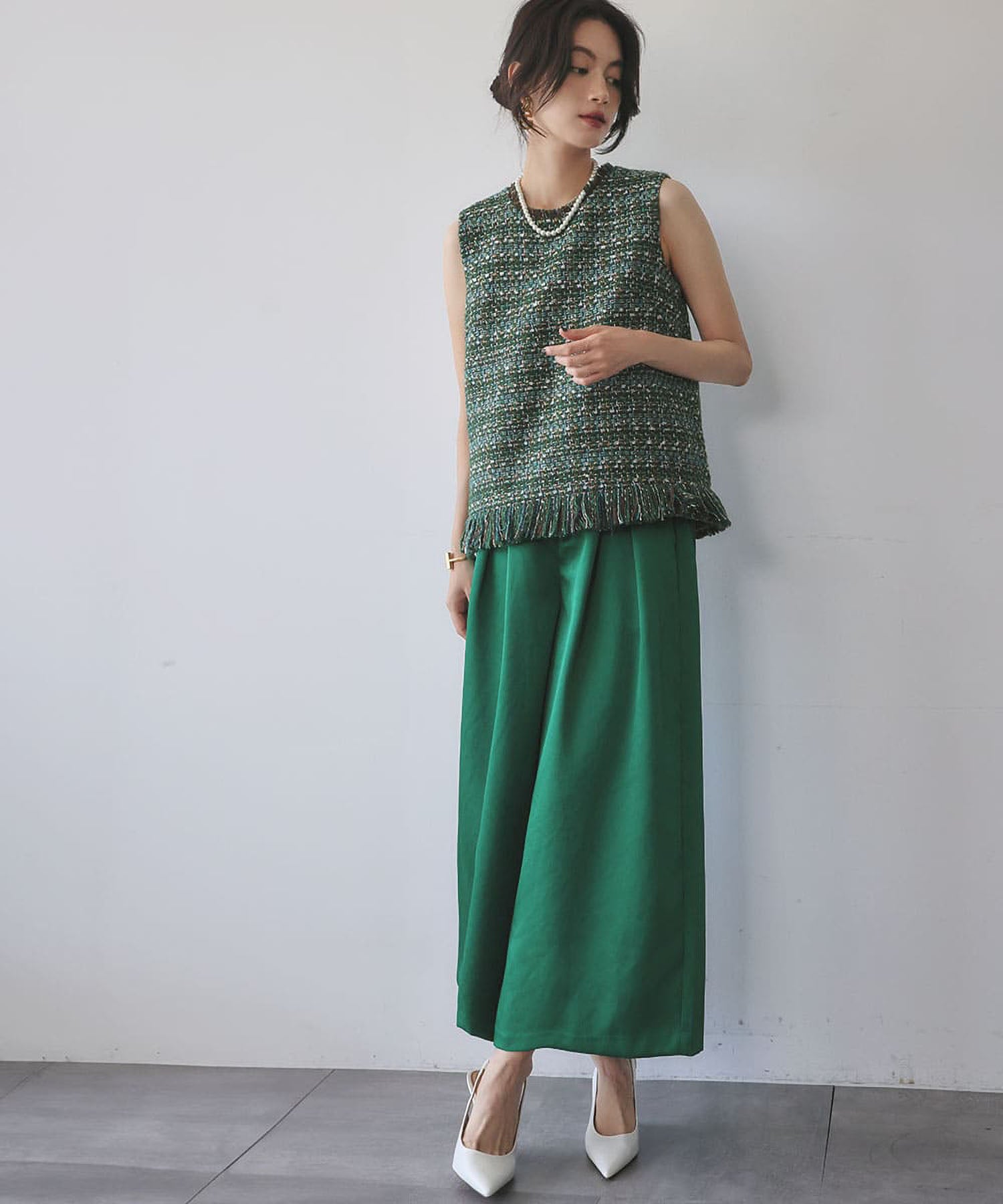 エルフランク ELFRANK MIXツイード裾フリンジノースリーブベスト (グリーンミックス) グリーンミックス