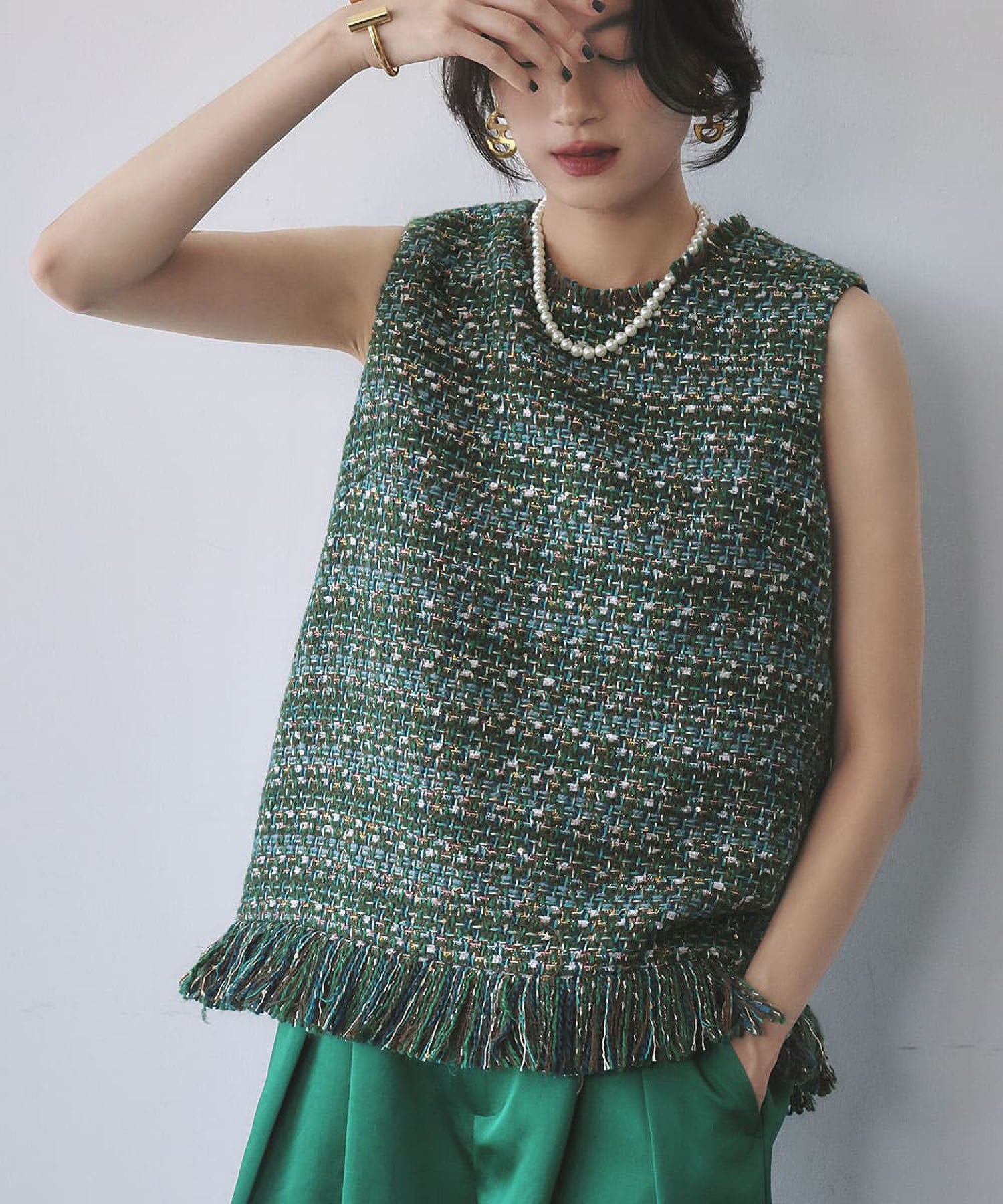 エルフランク ELFRANK MIXツイード裾フリンジノースリーブベスト (グリーンミックス) グリーンミックス