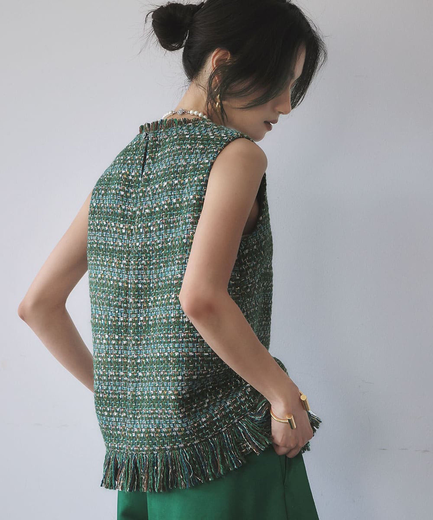 エルフランク ELFRANK MIXツイード裾フリンジノースリーブベスト (グリーンミックス) グリーンミックス