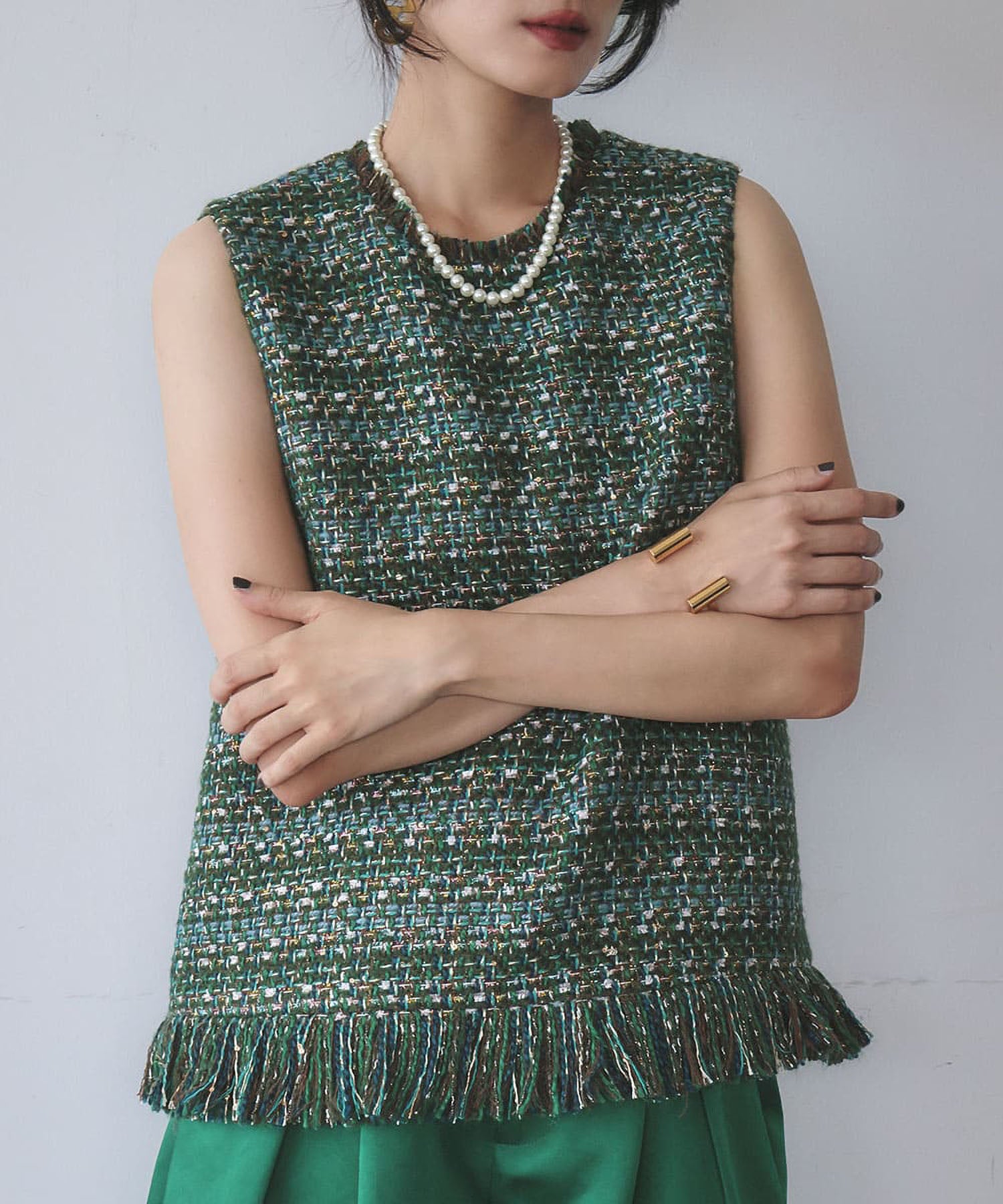 エルフランク ELFRANK MIXツイード裾フリンジノースリーブベスト (グリーンミックス) グリーンミックス