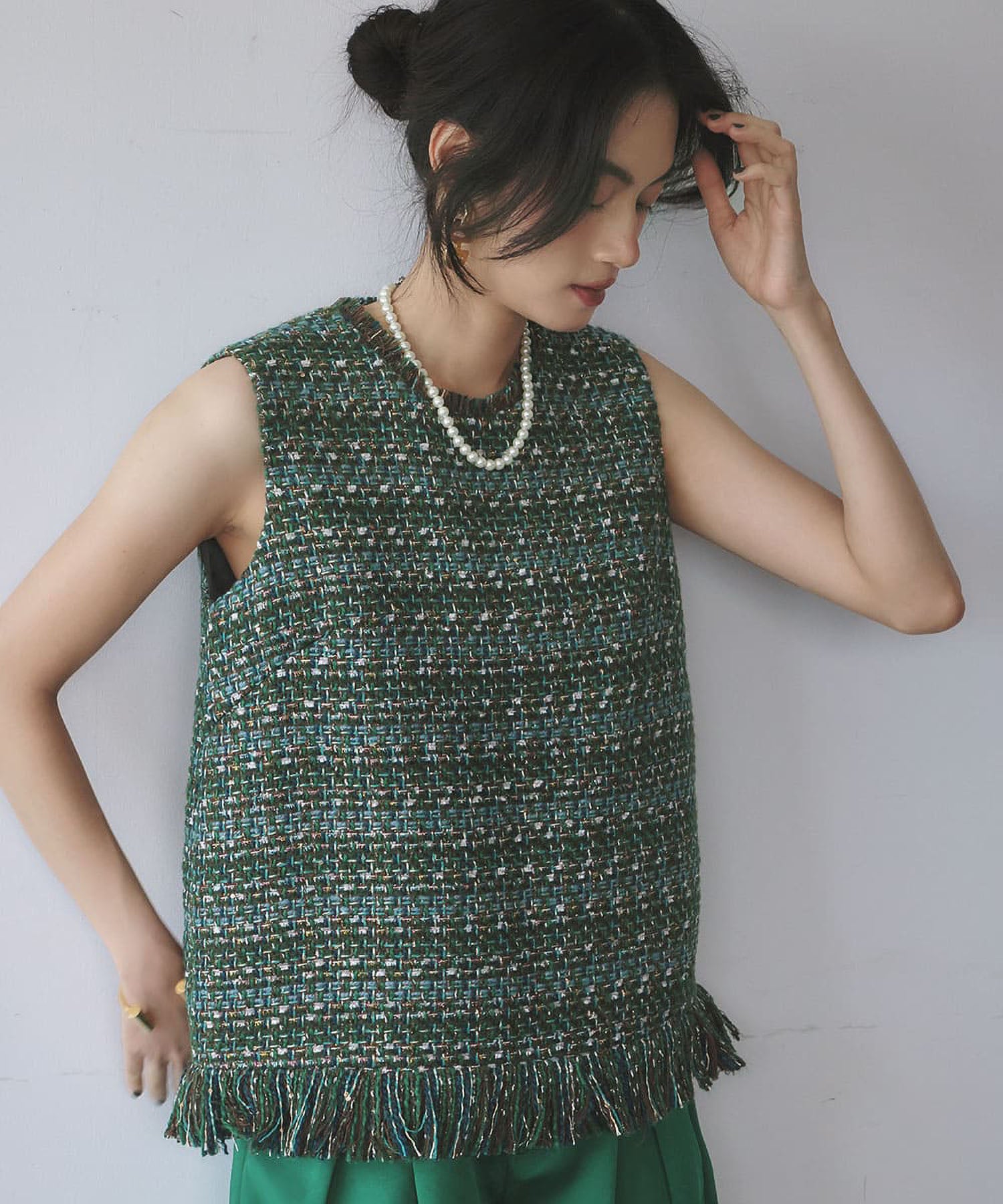 エルフランク ELFRANK MIXツイード裾フリンジノースリーブベスト (グリーンミックス) グリーンミックス