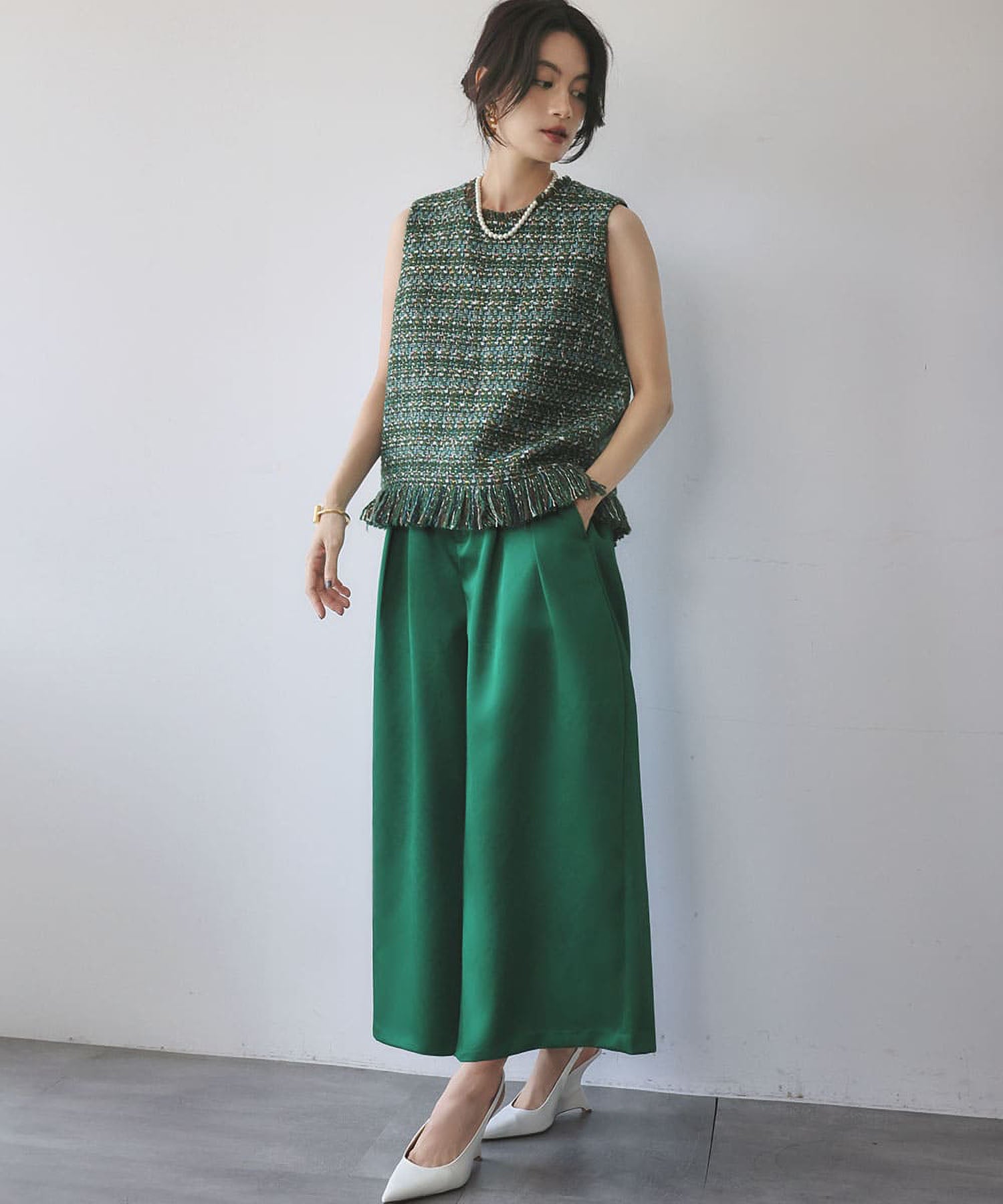 エルフランク ELFRANK MIXツイード裾フリンジノースリーブベスト (グリーンミックス) グリーンミックス