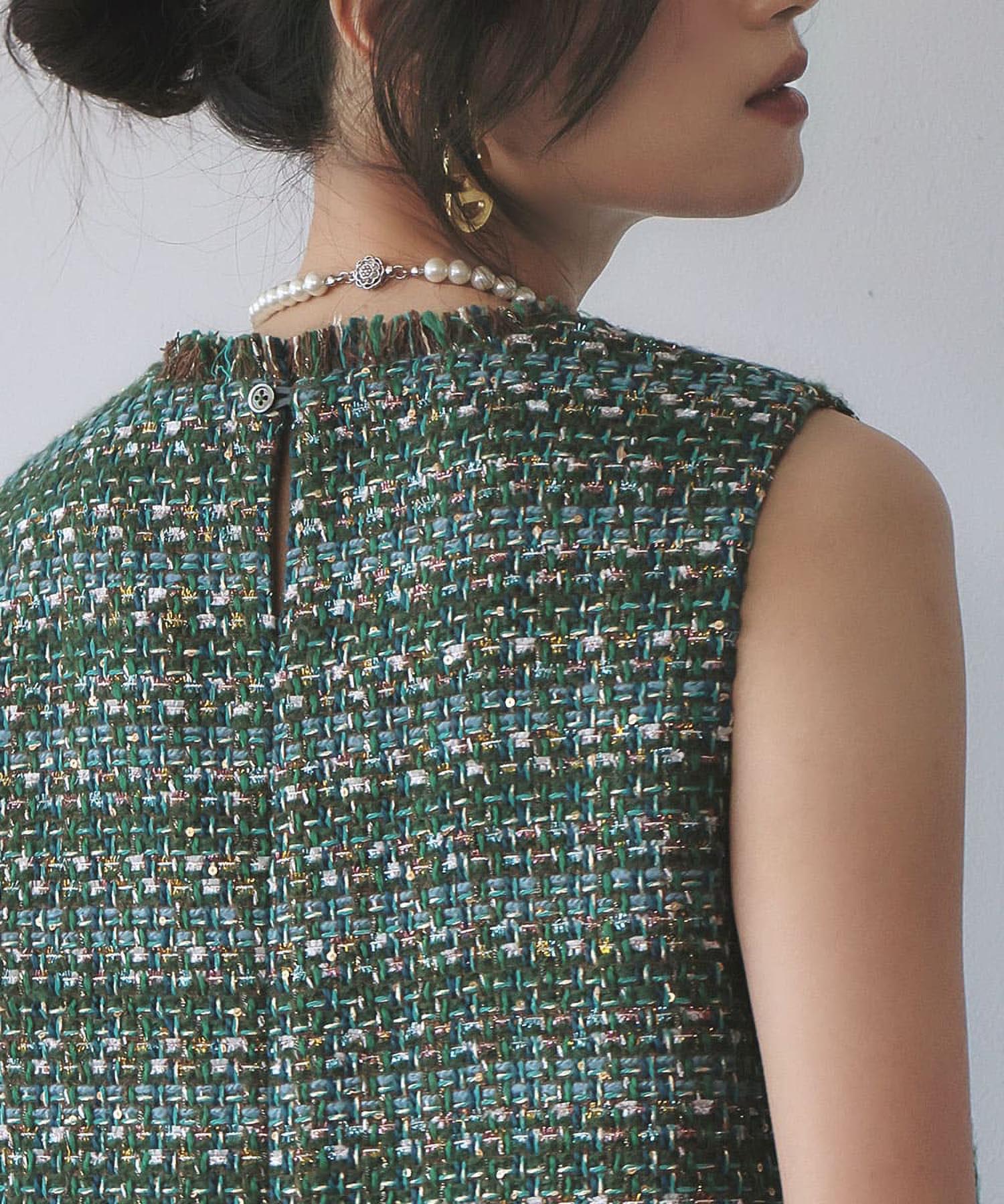 エルフランク ELFRANK MIXツイード裾フリンジノースリーブベスト (グリーンミックス) グリーンミックス