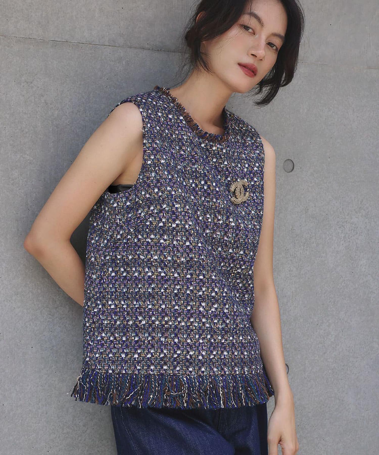 エルフランク ELFRANK MIXツイード裾フリンジノースリーブベスト (ブルーミックス) ブルーミックス