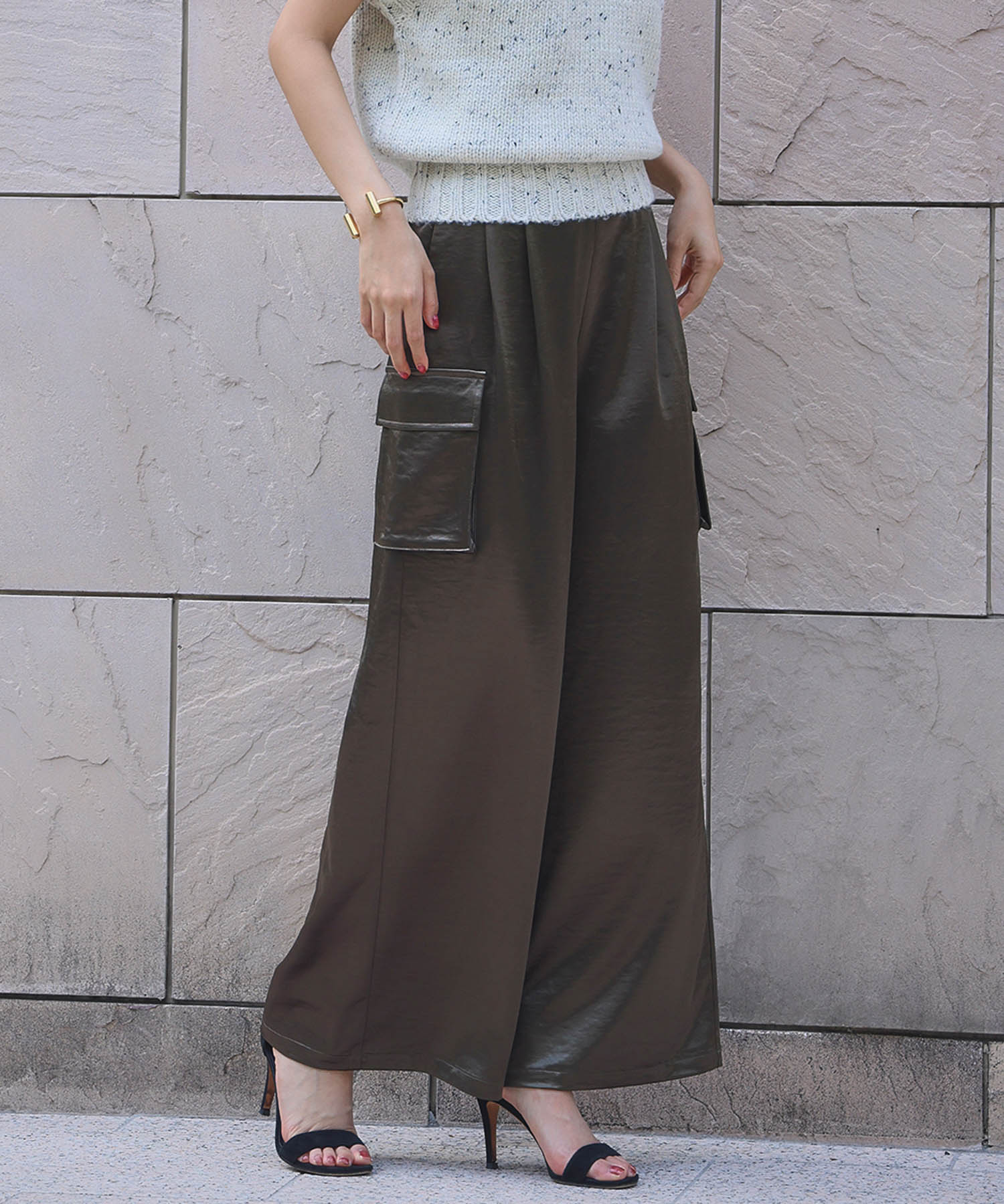 エルフランク ELFRANK サテンフレアカーゴパンツ【洗える】 (カーキ) カーキ