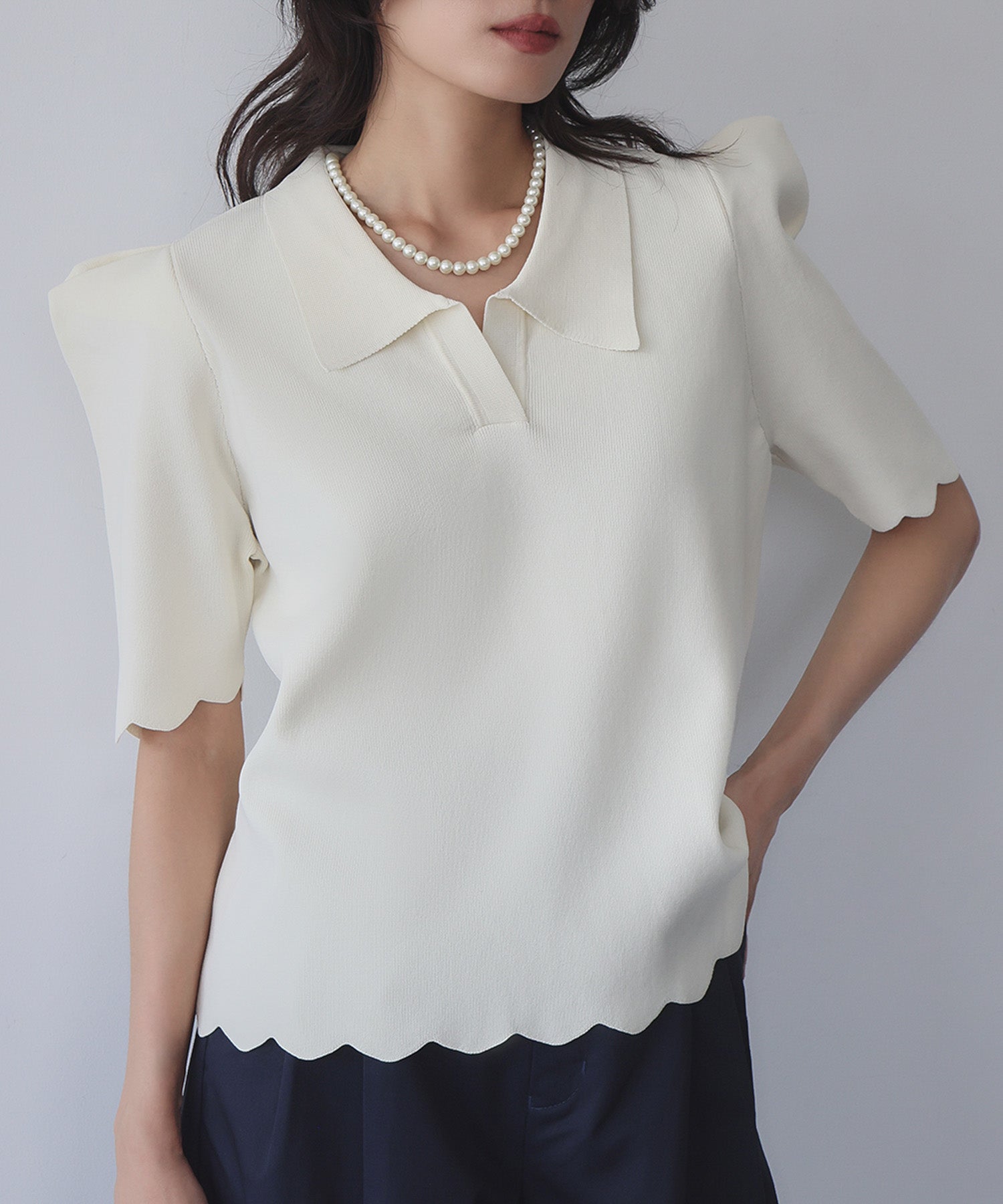 エルフランク ELFRANK ニット パワーショルダー スカラップ プルオーバー ポロシャツ (オフホワイト) オフホワイト