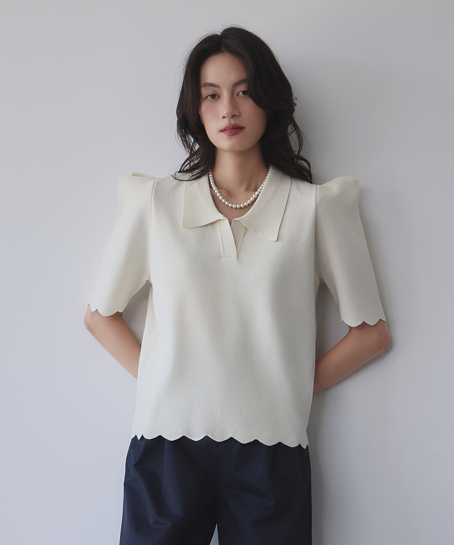 エルフランク ELFRANK ニット パワーショルダー スカラップ プルオーバー ポロシャツ (オフホワイト) オフホワイト